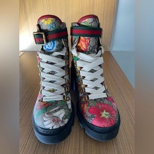 GG Supreme Monogram Flora Lace Up Combat Ankle Boots 37.5 Beige Multicolor Red